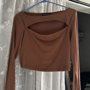 cropped, brown, long sleeve, cutout shirt from street wear society